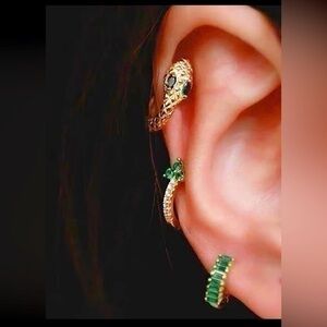 Green emerald and gold small hoop earring set